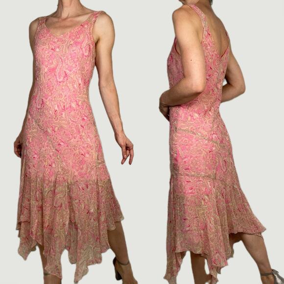 Vintage Y2K 100% silk fairy dress asymmetrical pink paisley print slip midi M - Picture 3 of 14